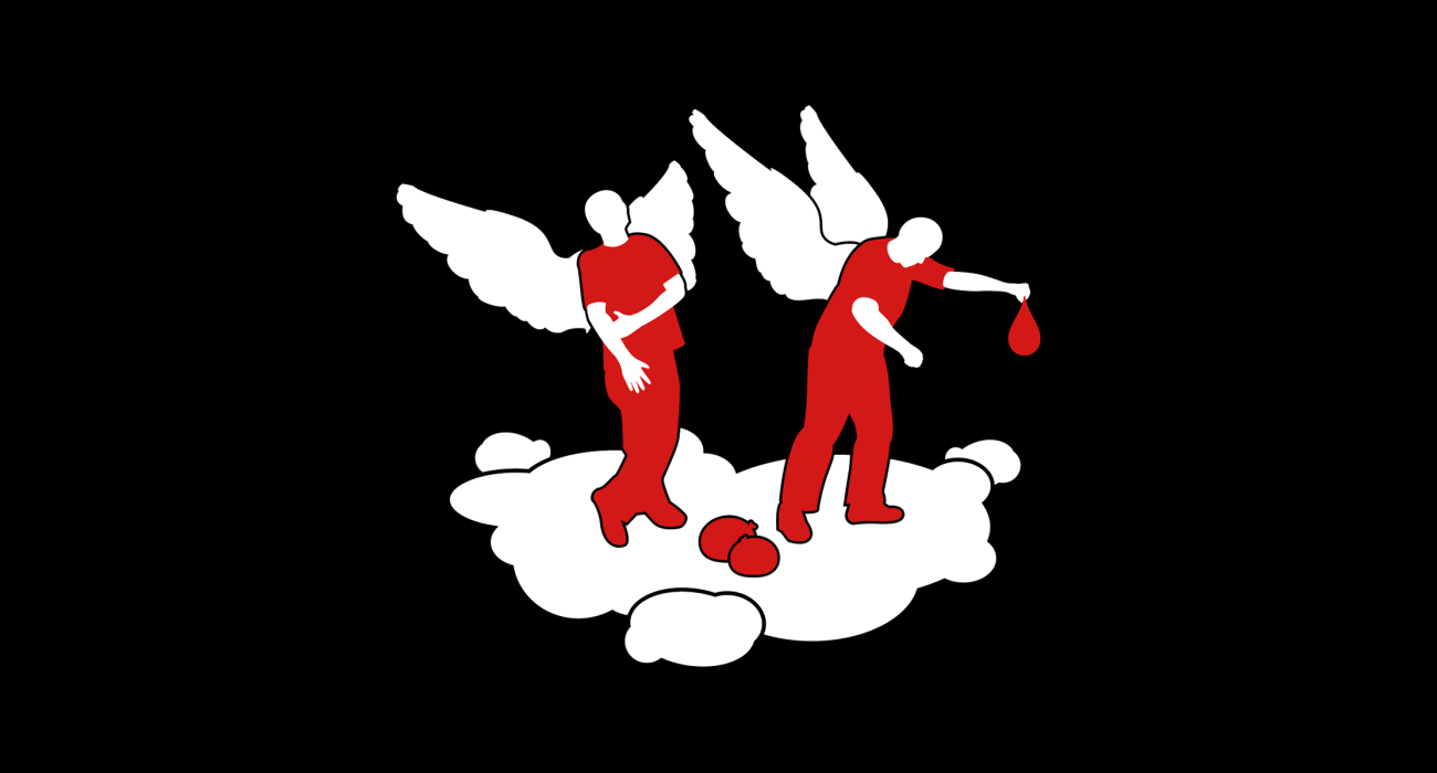 A pair of angels dropping water balloons off a cloud, gotta do something to keep yourself entertained for an eternity